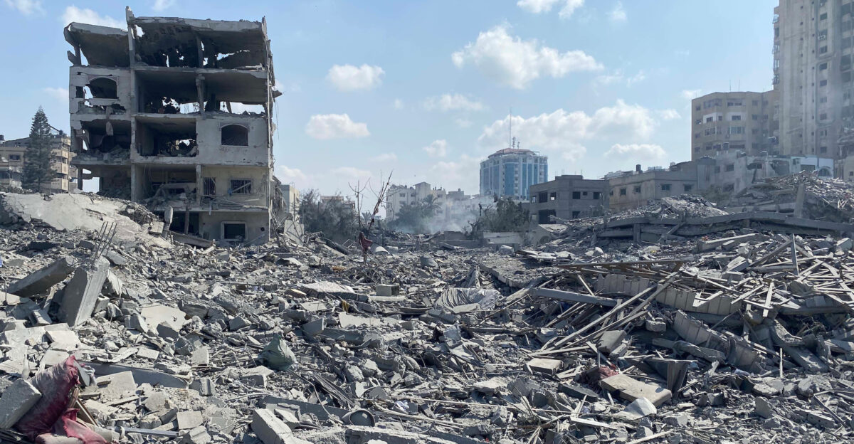 Damage following an Israeli airstrike on the El-Remal area in Gaza City on October 9 2023 Original caption stated that Palestinians inspect the damage but they are not visible in the photo so the caption has been modified