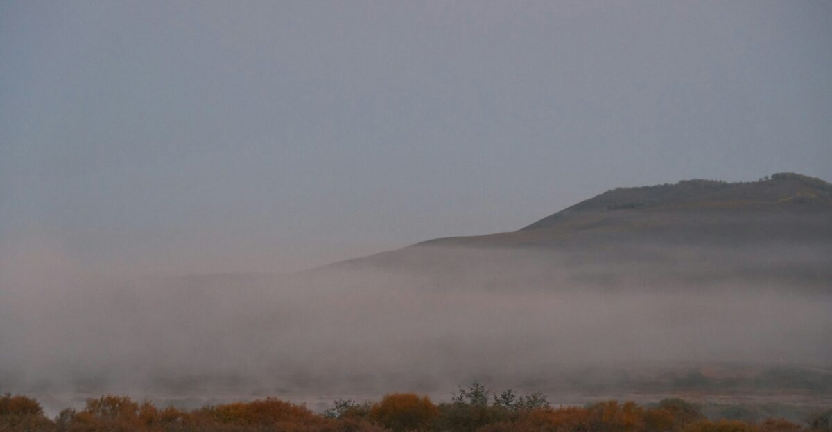 Misty landscape with hills and autumn foliage