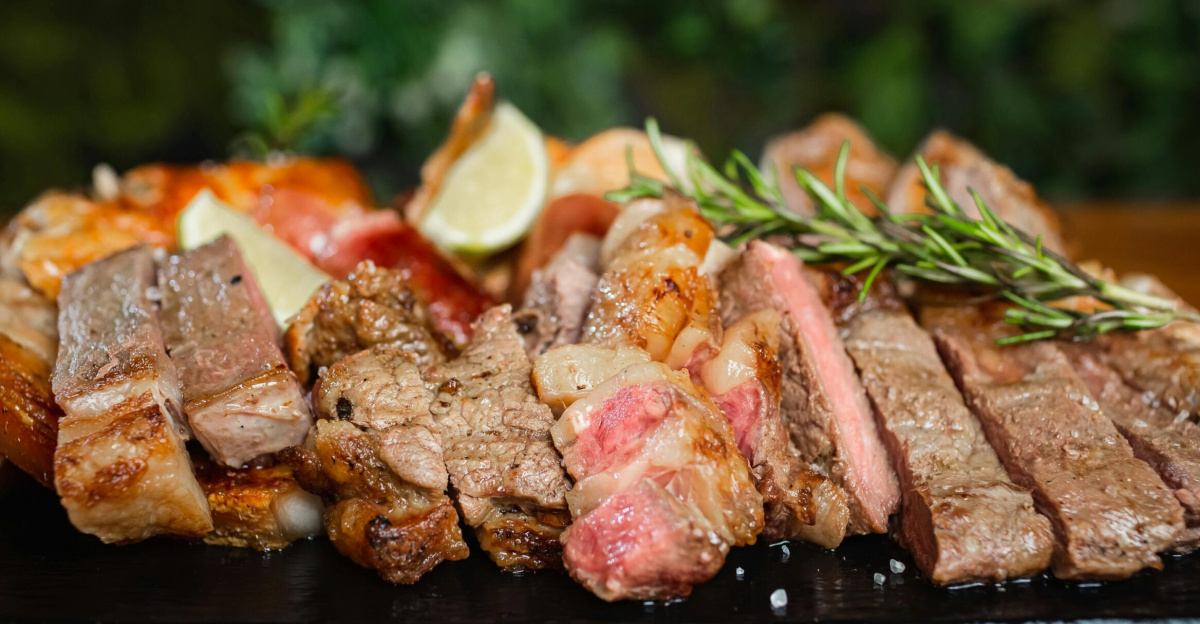 Delicious assortment of grilled meats garnished with herbs and lime, perfect for a feast.