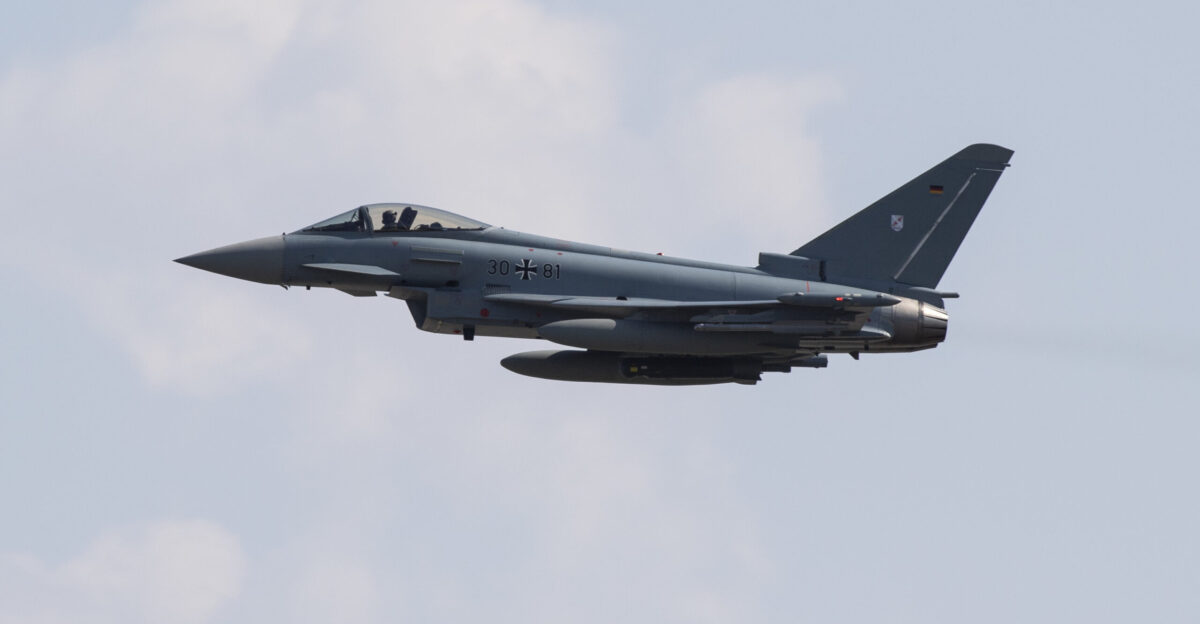 A German Eurofighter Typhoon assigned to Tactical Air Wing 31 Norvenich Air Base Germany flies over Spangdahlem Air Base Germany April 7 2020 Routinely training with allied partners allows the 52nd Fighter Wing to improve interoperability between the U S and NATO European allies U S Air Force photo by Senior Airman Valerie R Seelye
